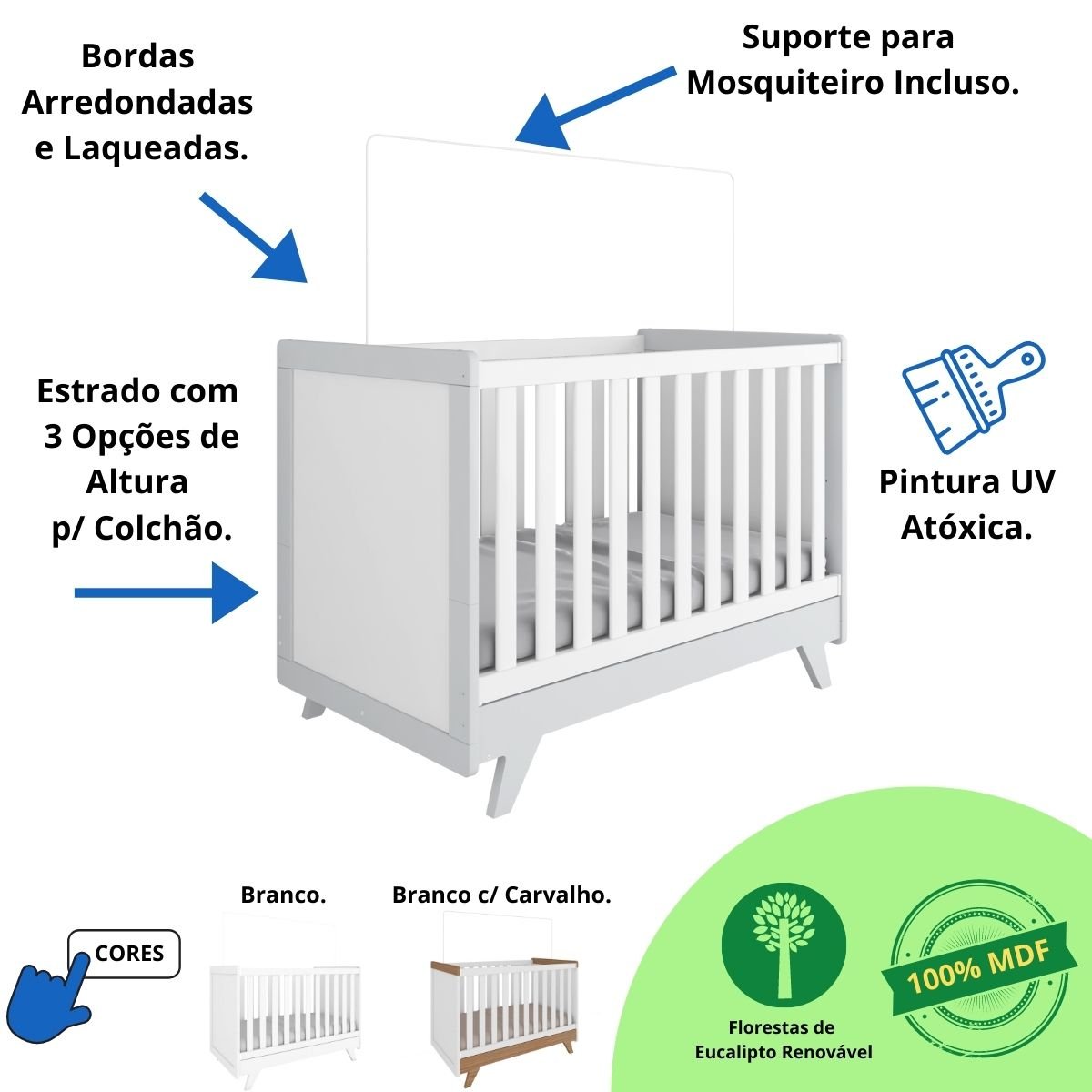 Quarto Bebê Completo Berço Mini Cama E Cômoda Retrô Peroba - Branco Brilho com Cinza - 3