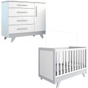 Ver imagem 1 de Quarto Bebê Completo Berço Mini Cama E Cômoda Retrô Peroba - Branco Brilho com Cinza