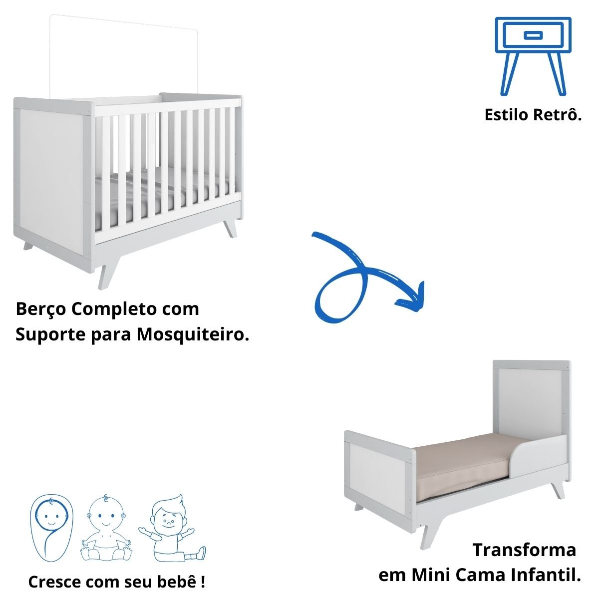 Quarto Bebê Completo Berço Mini Cama E Cômoda Retrô Peroba - Branco Brilho com Cinza - 4