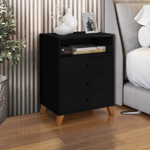 Mesa de Cabeceira Austria Conjunto 2 Criados de Cabeceira Pintura UV 3 Gavetas e 1 Nicho Casa Modern