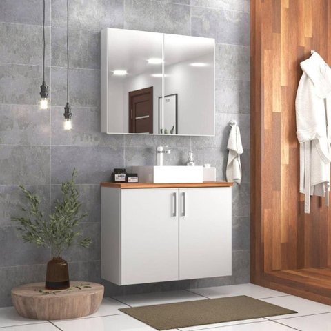 Gabinete para Banheiro com Cuba e Armario 80cm Mdf Freijo com Branco Paris - On Móveis