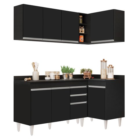 Armário de Cozinha Modulado de Canto Esquerdo 4 Peças Cp47 Balcão com Tampo Preto - Lumil Lumil Móve