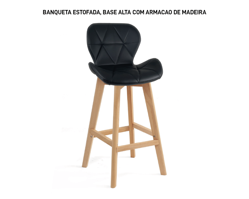 Banqueta Cozinha Estofada Preta Base Alta Madeira 52x47 5x111cm Bering - 2