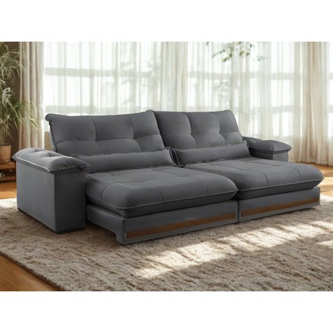 Sofa Qatar Retratil e Reclinavel 2,50 Metros Trevo Cor Veludo Cinza