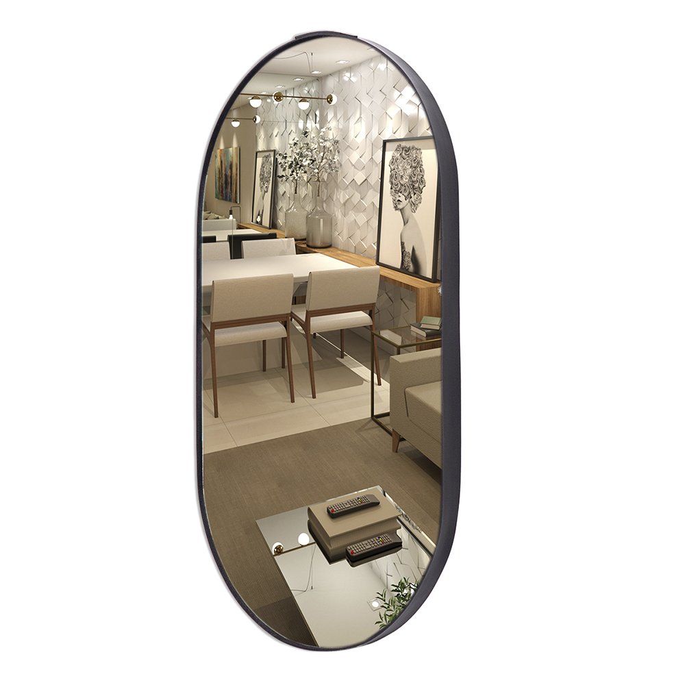 Espelho Decorativo Vidro Oval Redondo Suspenso Banheiro Sala Landi Preto - 4