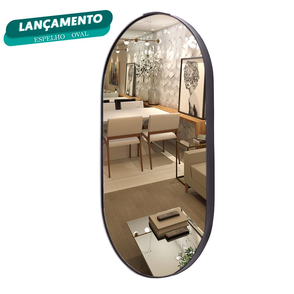Espelho Decorativo Vidro Oval Redondo Suspenso Banheiro Sala Landi Preto - 3