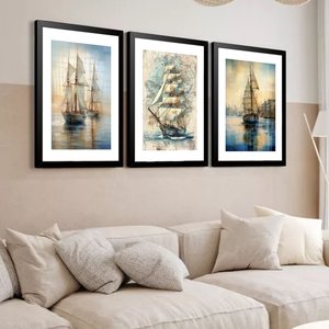 Kit 3 Quadros Grandes Caravelas 60x48cm:moldura Preta
