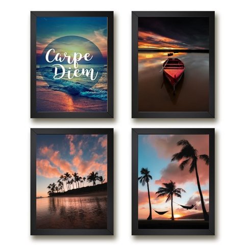Kit 4 Quadros Praia por do Sol Carpe diem 45x34cm - com Vidro:madeira Branca