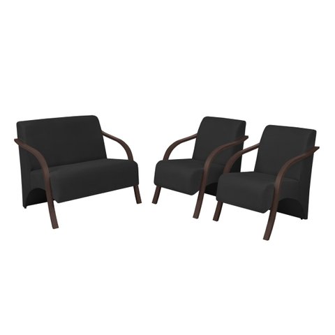 Conjunto Vênus Pé Madeira 1 Namoradeira 2 Poltronas Tecido Sintético (courino) Preto