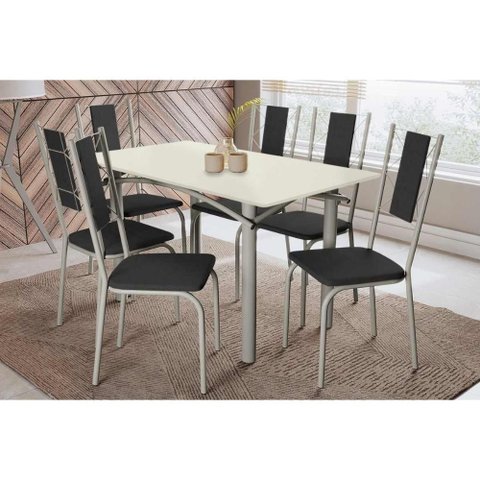 Conjunto: Mesa Sala Jantar Elba Tampo Madeirado C/ Vidro 160cm e 6 Cadeiras Lisboa Niquel/off White