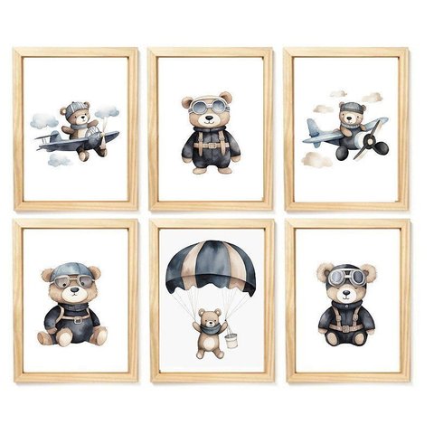 Kit Quadro Infantil Urso Aviador Aquarela Decorativo Quarto Criança Bebê Menino
