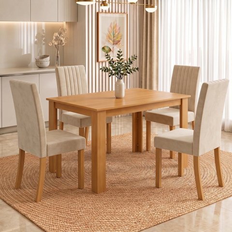 Conjunto Sala de Jantar Mesa Juliana 110cm Tampo MDP Canto Reto 4 Cadeiras Lily