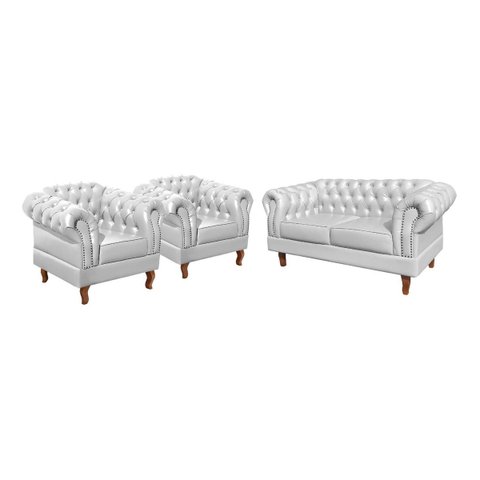 Sofá 2 Lugares Com 2 Poltronas Chesterfield Capitonê Dom Pedro - Couríssimo Branco