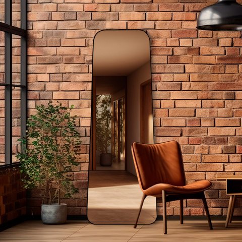 Espelho Grande Corpo Inteiro Geométrico C/ Moldura em Couro 3cm 170x70cm - Mod. Tetris Preto