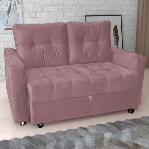 Sofá Cama Cecília 2 Lugares Retrátil Rosa Veludo Turkey Matrix