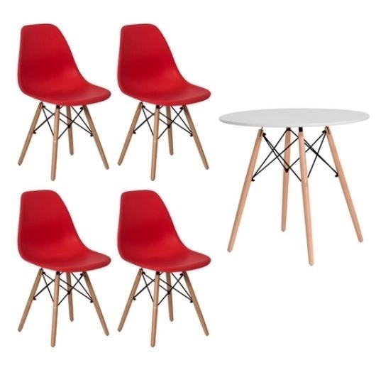 Conjunto Kit Mesa Jantar Eiffel 90cm Branca + 4 Cadeiras Charles Eames Vermelha - 1