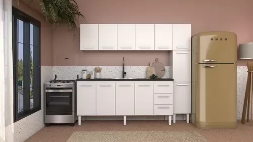 Ver imagem 1 de Conjunto Cozinha Completo para Pia 2,00metros Gabinete 3 Gavetas + Aéreo + Paneleiro 100% em Aço - V