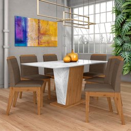 Mesa com 6 Cadeiras Qatar 1,60 Cin/carraro Bra/capu - Móveis Arapongas Cinamo/carraro Branco/ - 1