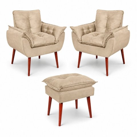 Kit 2 Poltronas Decorativo + Puff Opala para Apoio Aos Pés Bege