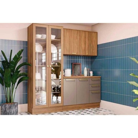 Kit Cozinha Modulada 4 Peças Botanic 1 Aéreo + Balcão + Cristaleira + 1 Complemento M656 Nogueira