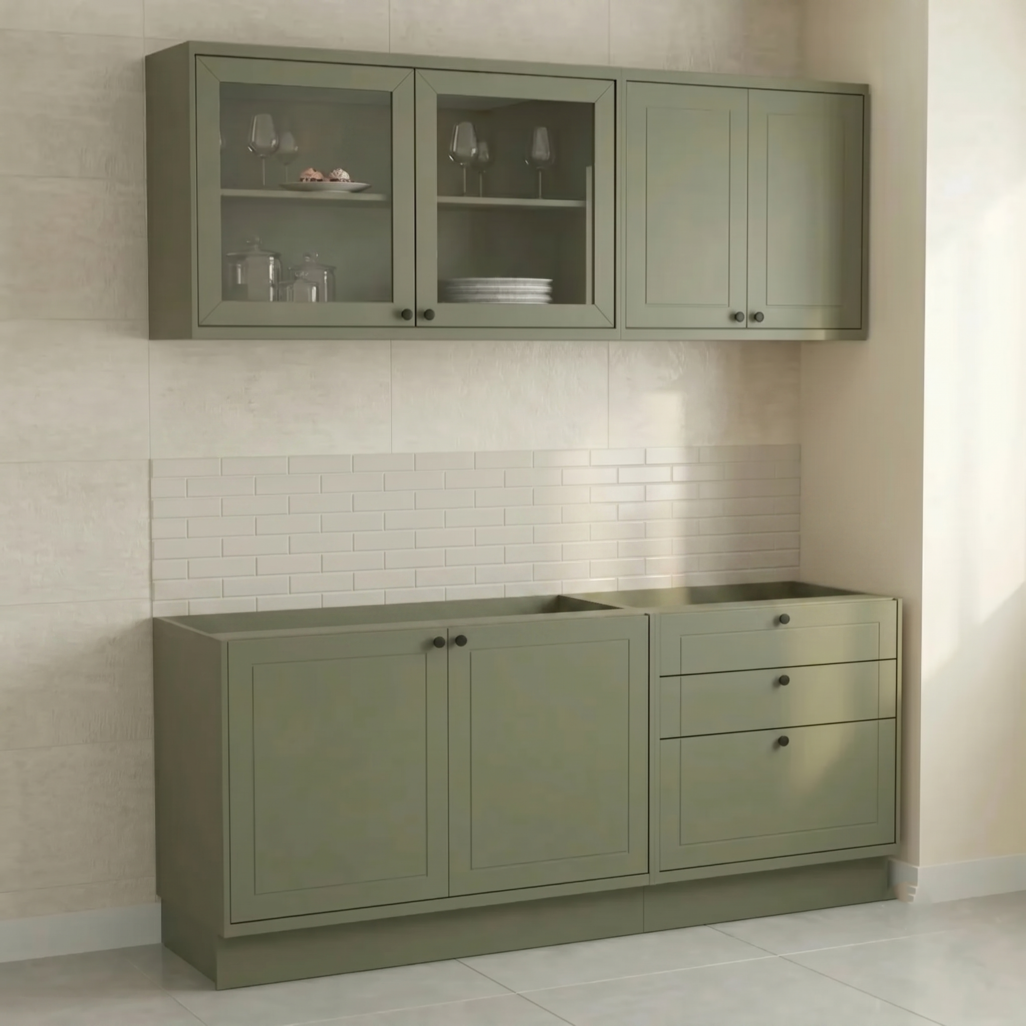 Cozinha Compacta Modulada 4 Peças em MDF 6 Portas 3 Gavetas com Vidro Sevilha Verde Hill