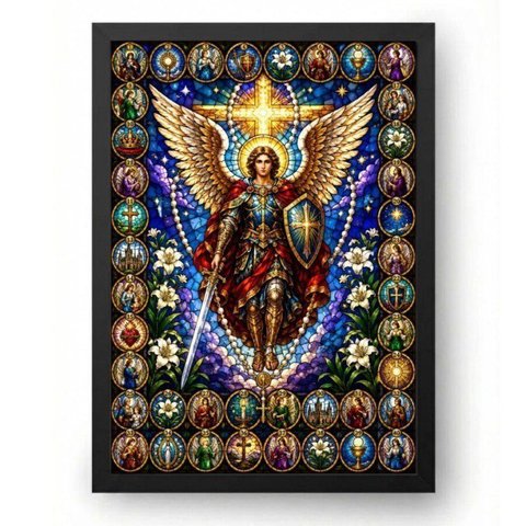 Quadro Vitral Católico da Quaresma de São Miguel 21x30cm Moldura Preta