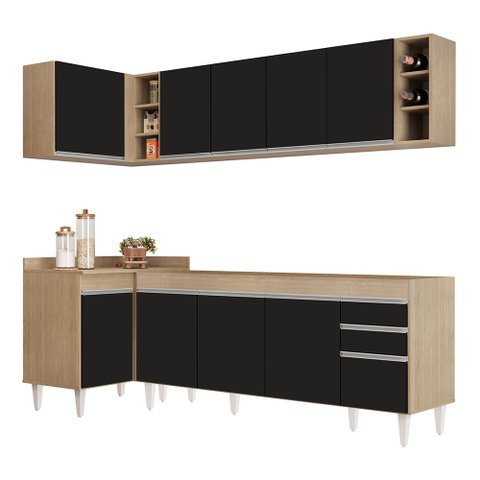 Armário de Cozinha Modulado de Canto Direito 5 Peças Cp43 Balcão sem Tampo Castanho/preto - Lumil Lu