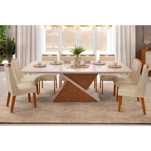 Sala de Jantar Completa Zafira Tampo Madeirado C/ Vidro Curvo 200x100cm e 8 Cadeiras Bia Freijo/off