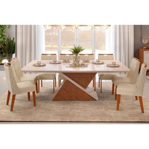 Sala de Jantar Completa Zafira Tampo Madeirado C/ Vidro Curvo 200x100cm e 8 Cadeiras Bia Freijo/off