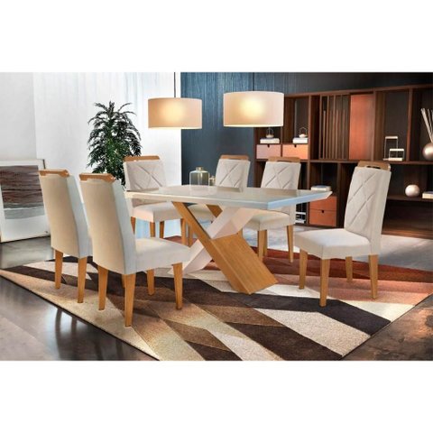 Sala de Jantar Completa Imperatriz Tampo Madeirado C/ Vidro Curvo 180x90 e 6 Cadeiras Melissa Imbuia