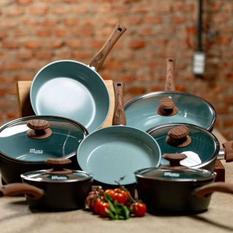 Conjunto de Panelas 12 Peças - Cerâmica, Tampa de Vidro e Cabo Baquelite Indução, Gás