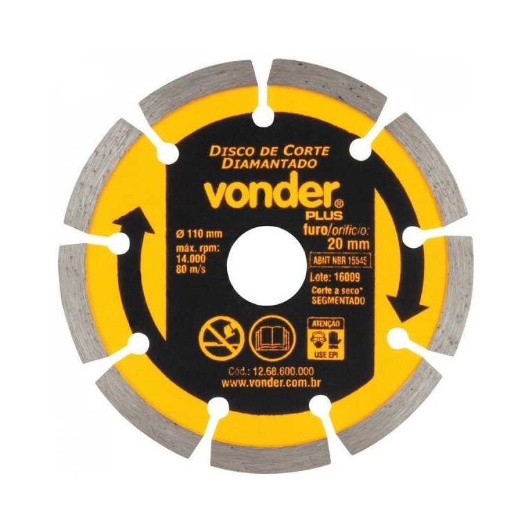 Disco de corte diamantado 110 mm segmentado Vonder PLUS Disco de corte diamantado 110 mm segmentado Vonder PLUS