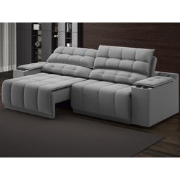 Sofá com Porta Copos Carregador USB Ret Rec Samurai 2,50m Velosuede Grafite - NETSOFAS - 1