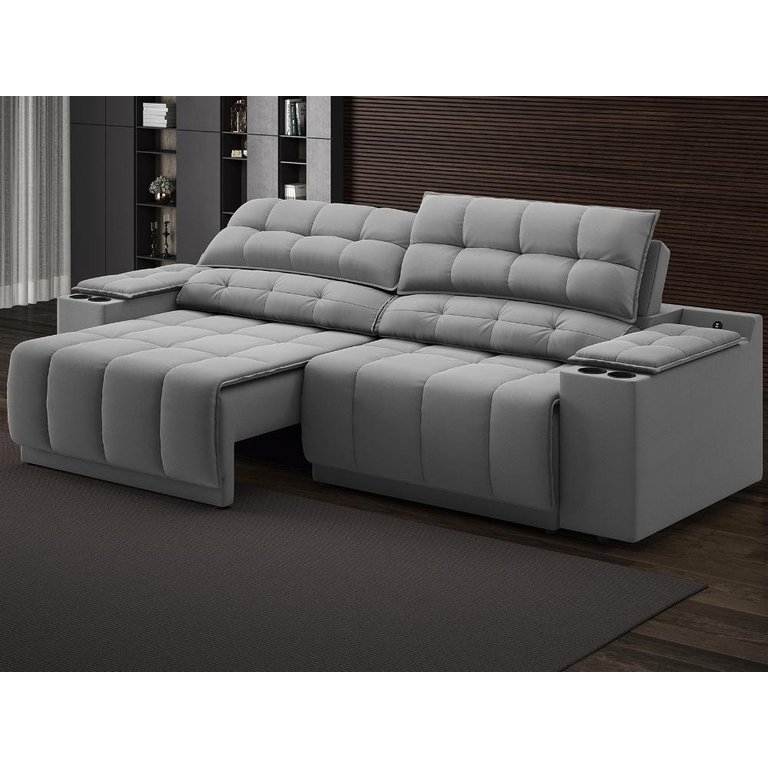 Sofá com Porta Copos Carregador USB Ret Rec Samurai 2,50m Velosuede Grafite - NETSOFAS