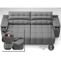 Sofá com Porta Copos Carregador USB Ret Rec Samurai 2,50m Velosuede Grafite - NETSOFAS - 2