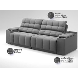 Sofá com Porta Copos Carregador USB Ret Rec Samurai 2,50m Velosuede Grafite - NETSOFAS - 3