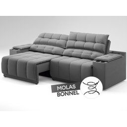 Sofá com Porta Copos Carregador USB Ret Rec Samurai 2,50m Velosuede Grafite - NETSOFAS - 6
