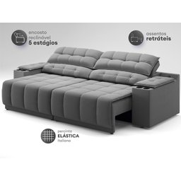 Sofá com Porta Copos Carregador USB Ret Rec Samurai 2,50m Velosuede Grafite - NETSOFAS - 5