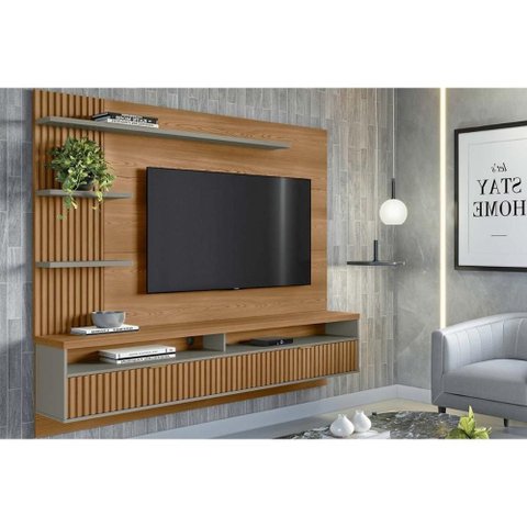 Painel Quarto P/ Tv até 65 Pol Araruna C/ 2 Porta e 3 Prateleiras 200x170cm Amêndoa/titânio -