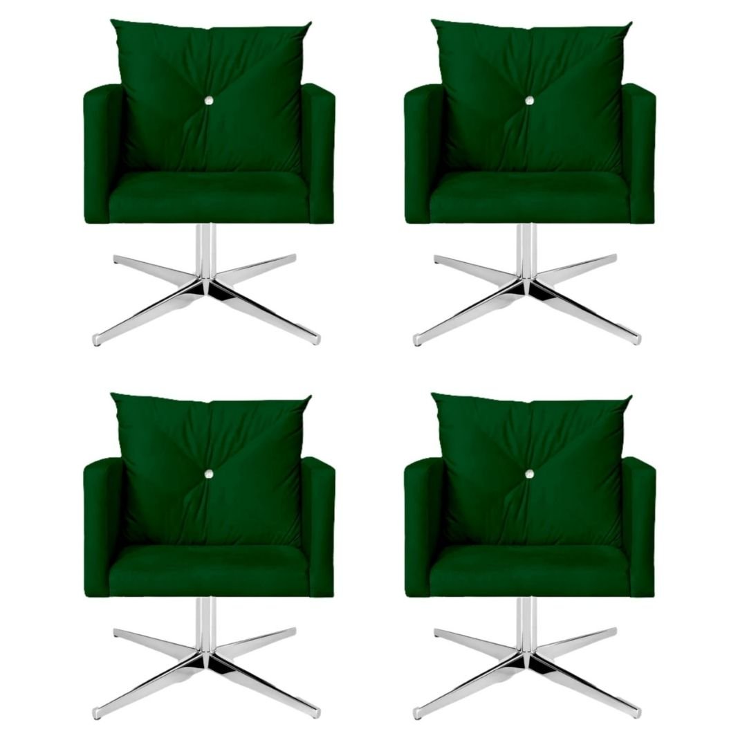 Kit 4 Poltrona Aline com Strass Base Giratória em Alumínio para Sala de Estar Suede Verde - - 1