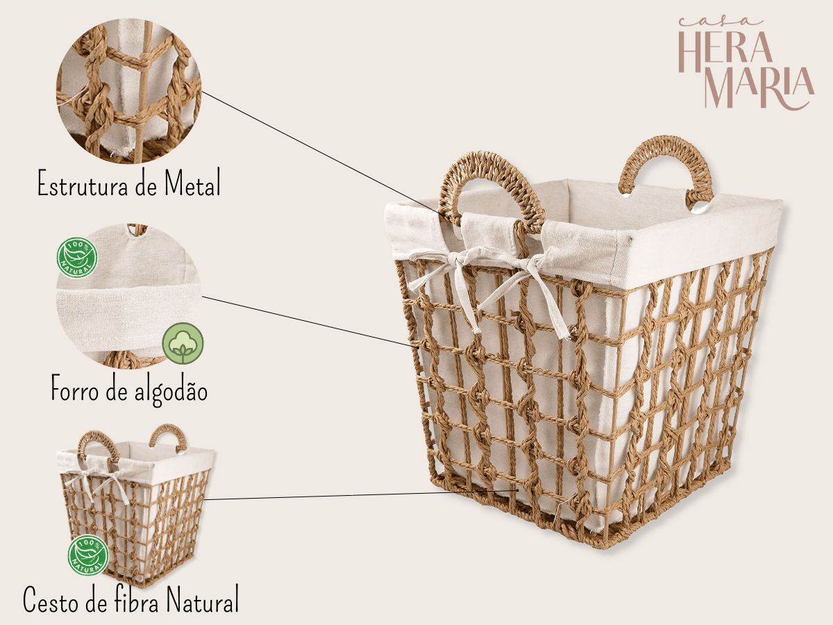 Ver imagem 3 de CESTO ORGANIZADOR FIBRA NATURAL ALGODÃO GRANDE C/ ALÇA:Natural e Branco