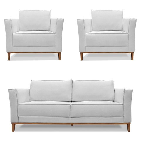 Kit 2 Poltronas e Sofá Living 2 Lugares 1,90m Vega Linho Cinza Pés Castanho - Pallazio