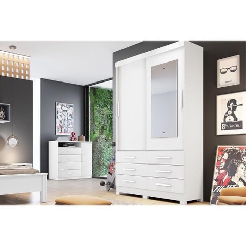 Guarda Roupa Solteiro 2 Portas e 6 Gavetas C/ Espelho Jequitibá/buriti Branco - Novo Horizonte