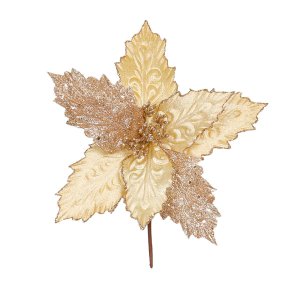 Flor de Natal Poinsettia Champagne com Pétalas de Veludo e Glitter 30cm | Natal Encantado na Formosi