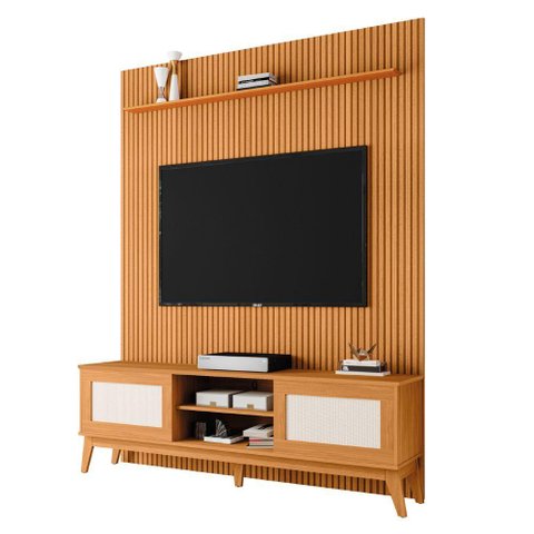 Rack Bancada Cairo com Painel para Tv até 75 Polegadas Egeo Cedro Ripado Impressão 3d Edn Cedro