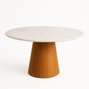 Mesa de Jantar Cone Redondo 130 Cm Base Freijó Tampo Mármore Branco Extra