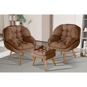 Conjunto Poltrona Sênior Linho + Puff Pés Madeira Luxuosa:linho Terracota