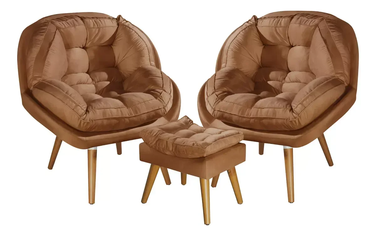 Ver imagem 2 de Conjunto Poltrona Sênior Linho + Puff Pés Madeira Luxuosa:linho Terracota
