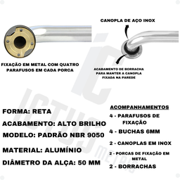 Barra de Apoio 50 Cm Acessibilidade Idoso Deficiente Fisico Gestante Corrimão Banheiro Único - 5