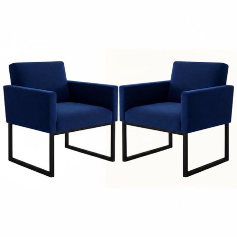 Kit 2 Poltronas Reforçada para Recepção Base Metálica Preto Azul-marinho